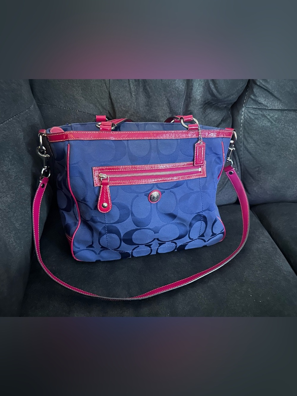 Coach Signature Tote F14940 Navy Blue Pink Trim Canvas Leather Handbag Purse